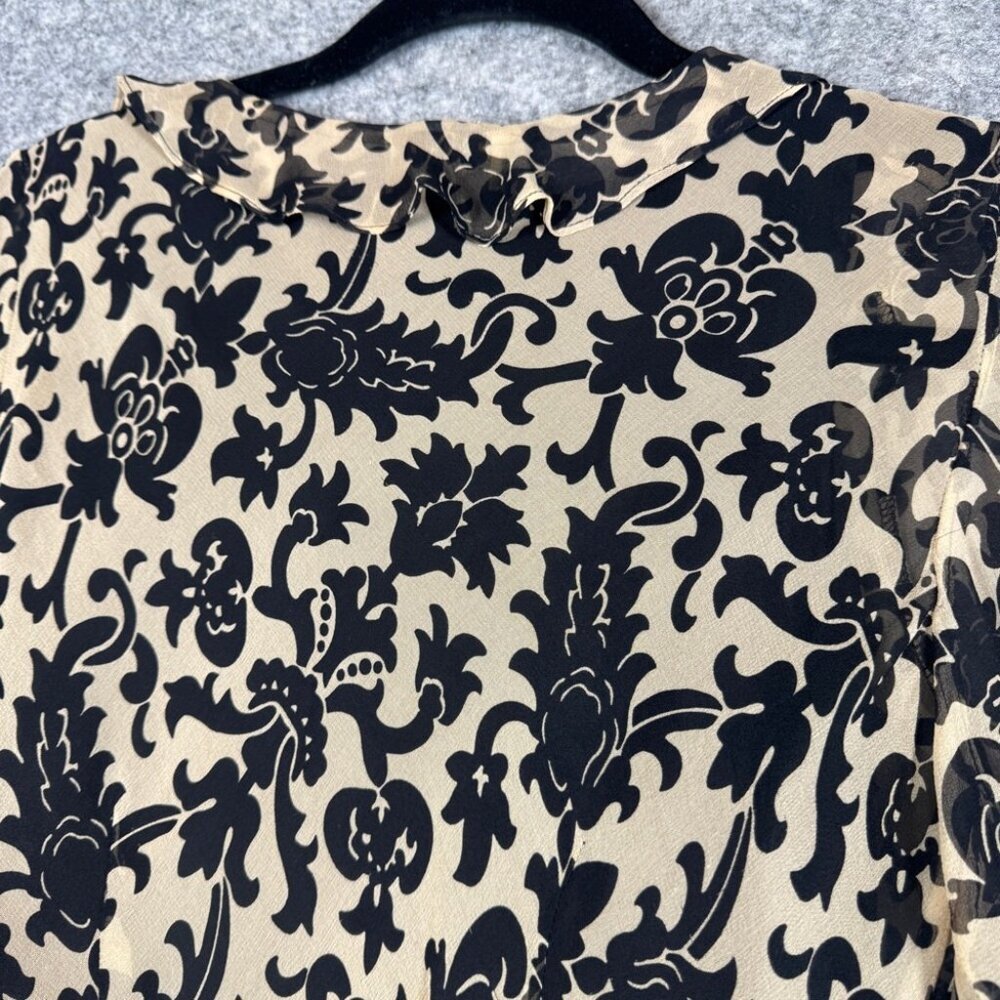 Y2K 2000s Beige Black Silk Burnout Floral Blouse Size S Sheer Indie Ethereal - Picture 13 of 16